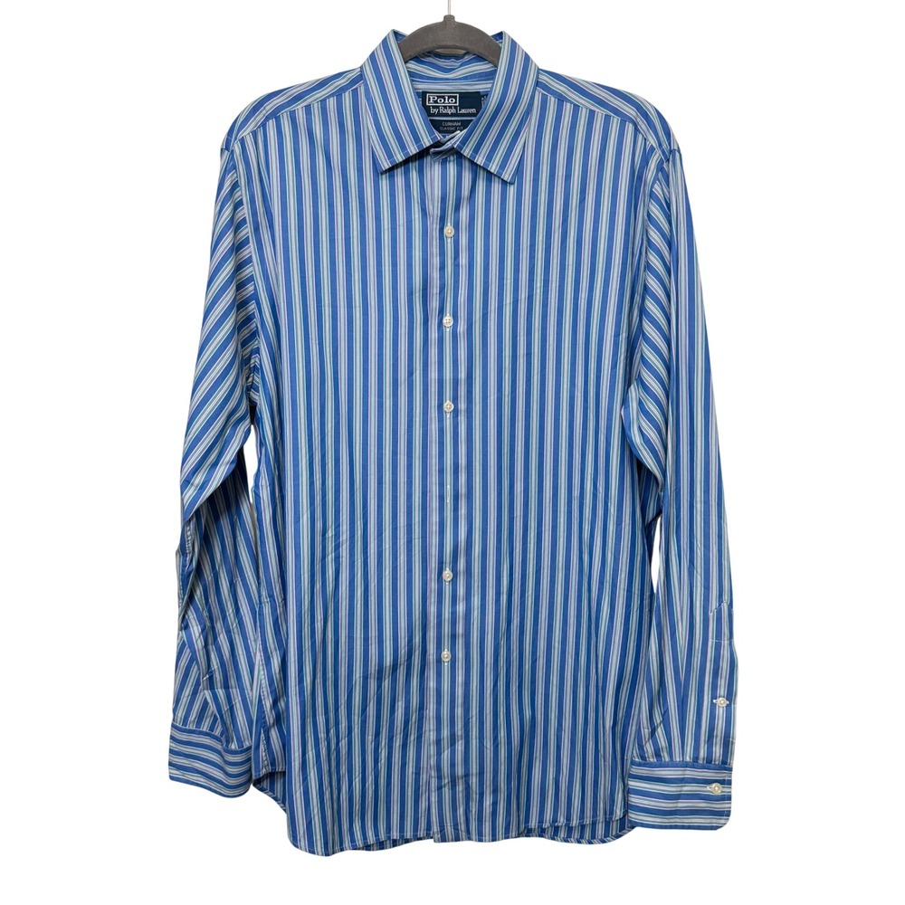 Polo Ralph Lauren Mens Button Up Shirt 16 L Blue Striped Curham Vintage Preppy